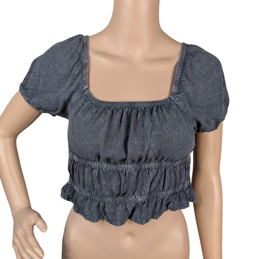 Rebellion Again Smocked Milkmaid Top Gray Mineral Wash Lace Up Open Back Size S